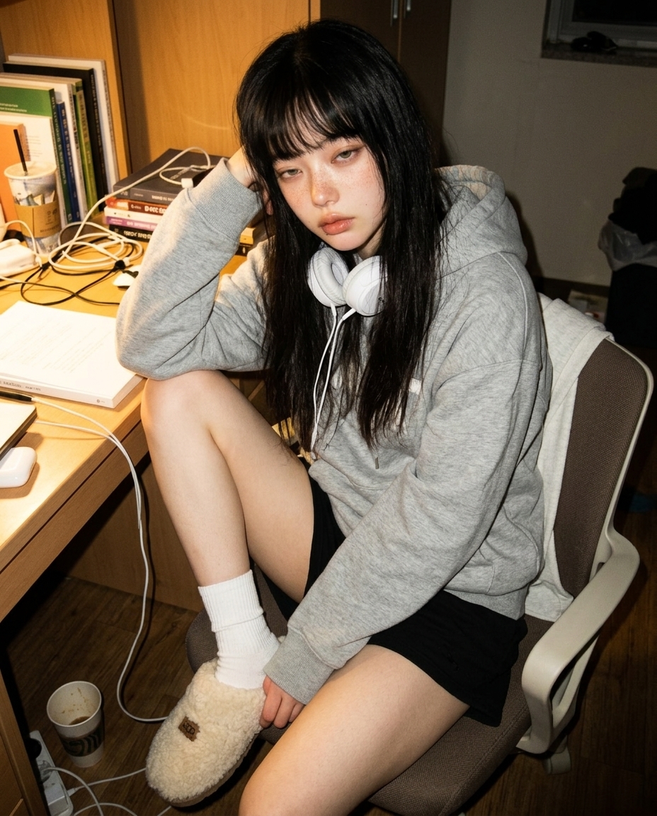 새벽 책상 스탠드 빛 아래 회색 후디 차림으로 머그컵을 든 채 의자에 비스듬히 앉은 모습