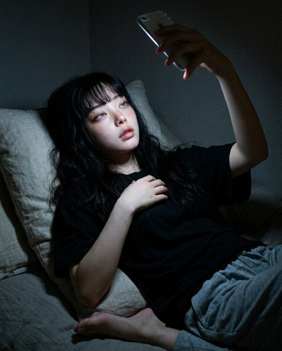 어두운 거실 소파에 누워 핸드폰 화면 빛만 받는 셀카, 턱과 코끝만 푸르게 비춤