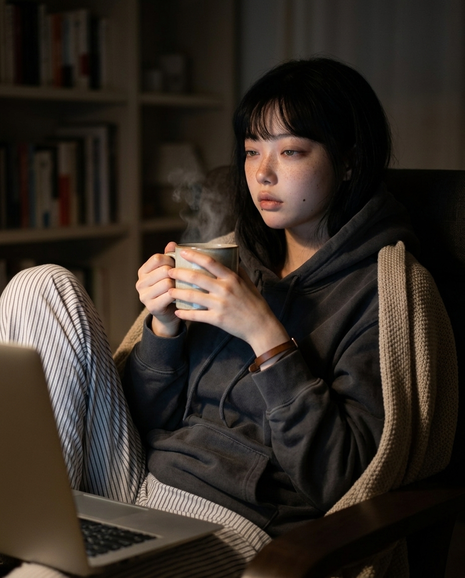 새벽 두 시, 책상 노트북 단일 광원 아래 모포 두른 어깨와 머그를 양손으로 감싼 졸린 표정의 셀카