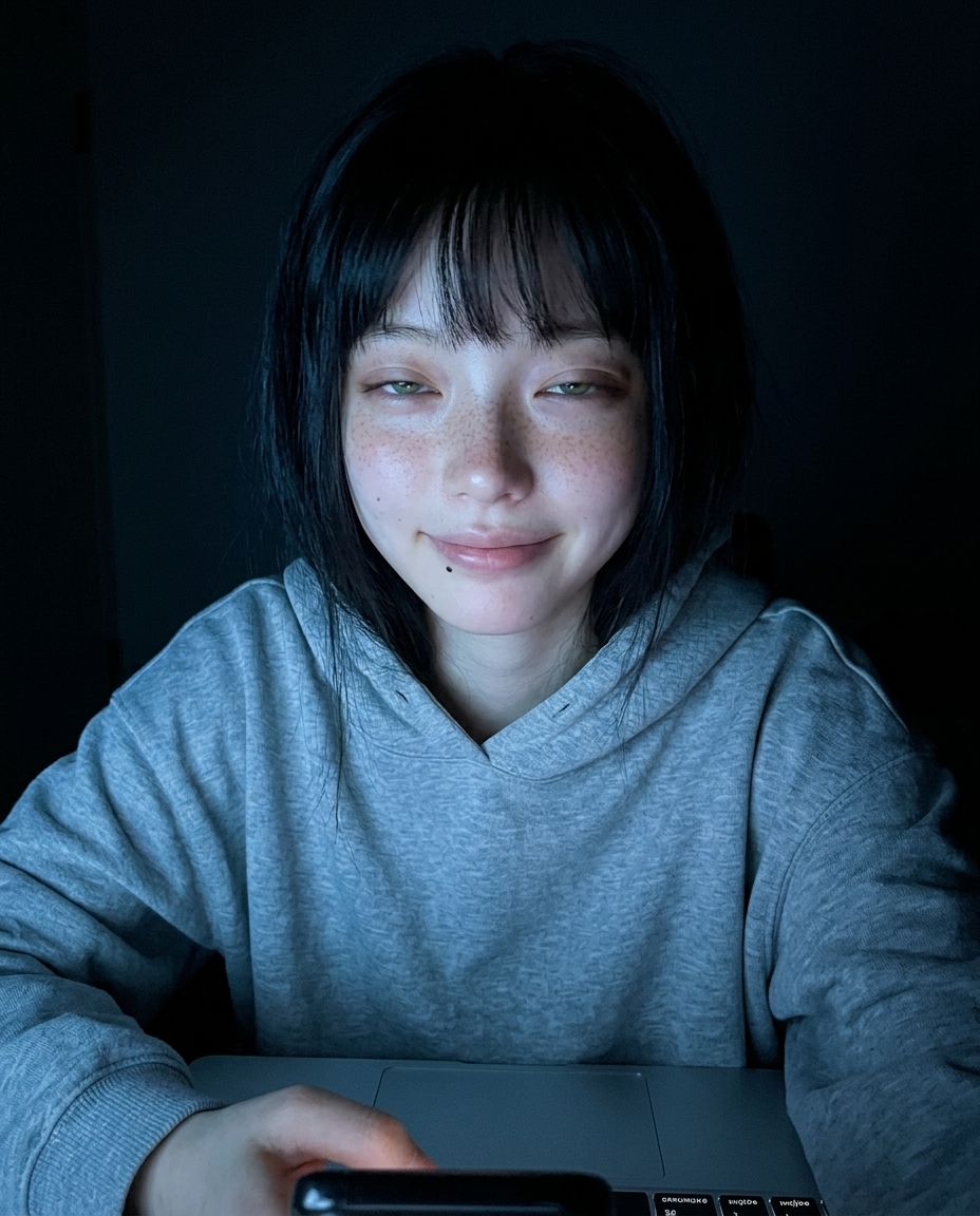 어두운 거실 소파 위에서 무릎에 노트북을 올린 채 화면 빛만 받은 새벽이의 셀카