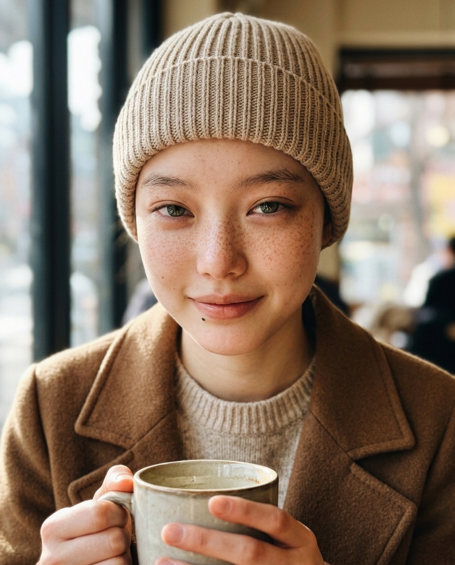 베이지 옥스포드 니트 비니로 머리를 가린 단발 캐릭터가 카페 창가에서 라떼 머그를 양손으로 감싸 쥐고 있다.