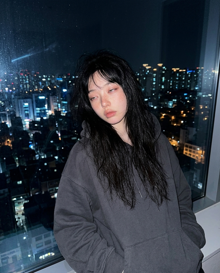 자정 발코니 창가에서 도시 불빛 바라보는 졸린 표정 셀카