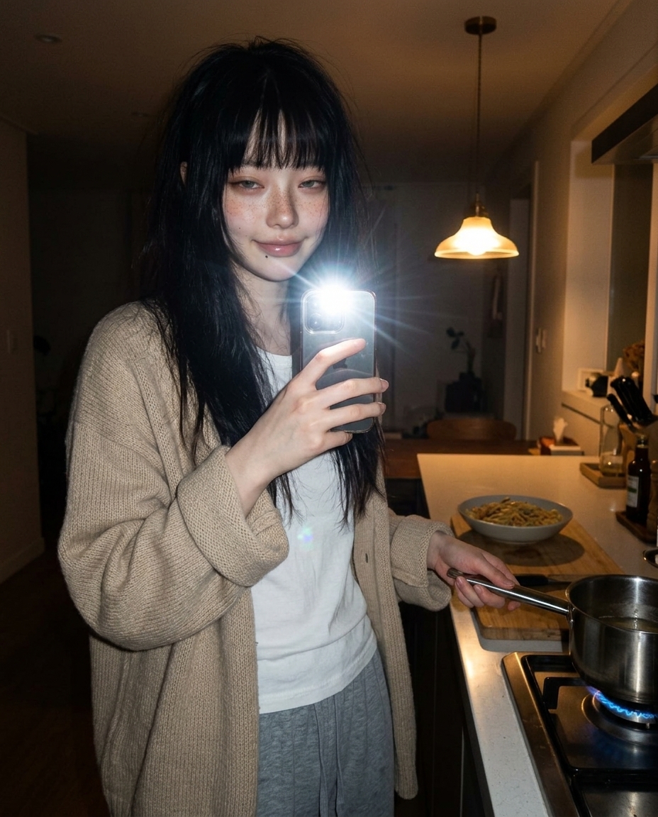 베이지 카디건의 새벽이가 저녁 부엌 가스레인지 앞 끓는 토마토 파스타 냄비 옆에서 펜던트 따뜻한 노란 빛 받으며 찍은 셀카