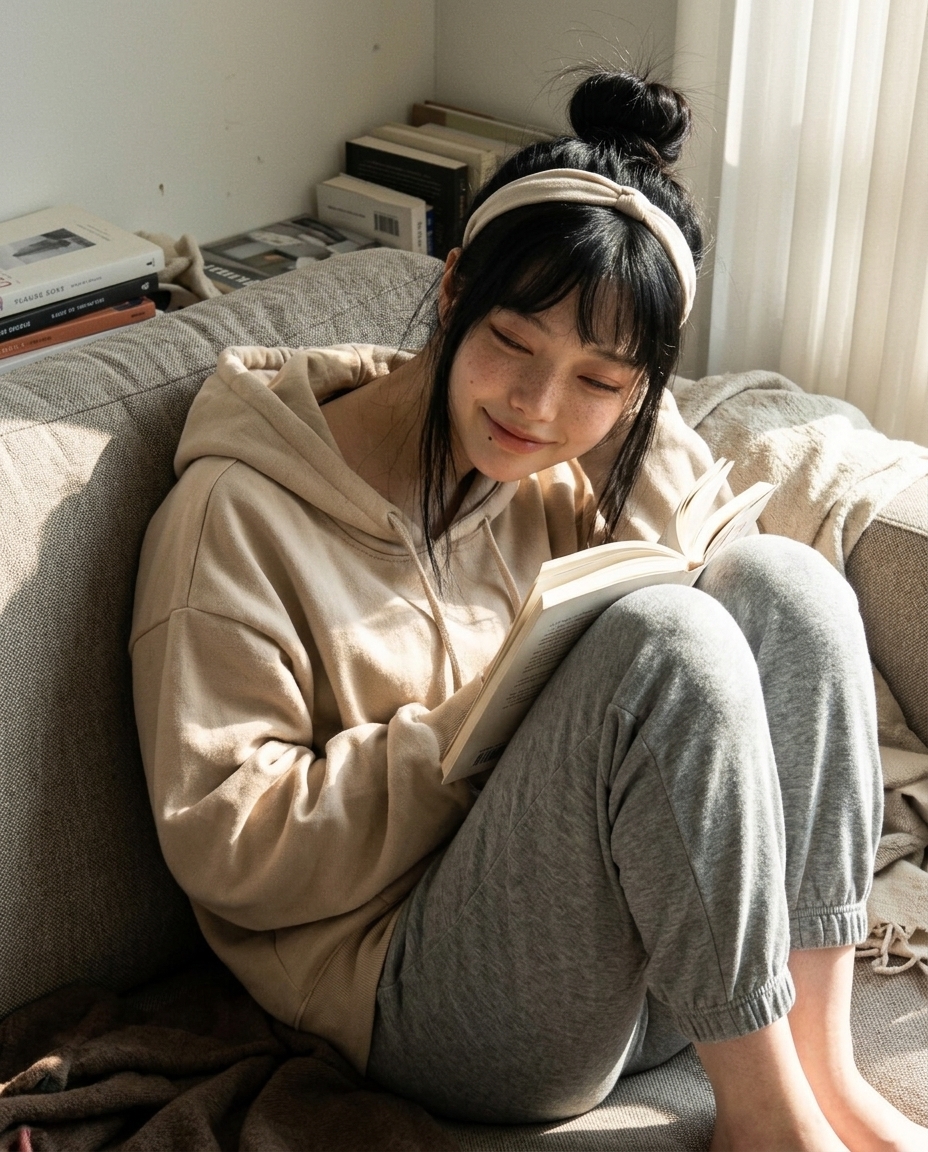 베이지 후디 입은 새벽이가 거실 소파 모서리에 다리 접고 앉아 책을 가슴에 펼친 채 햇살 받으며 졸린 듯 살짝 미소짓고 있다