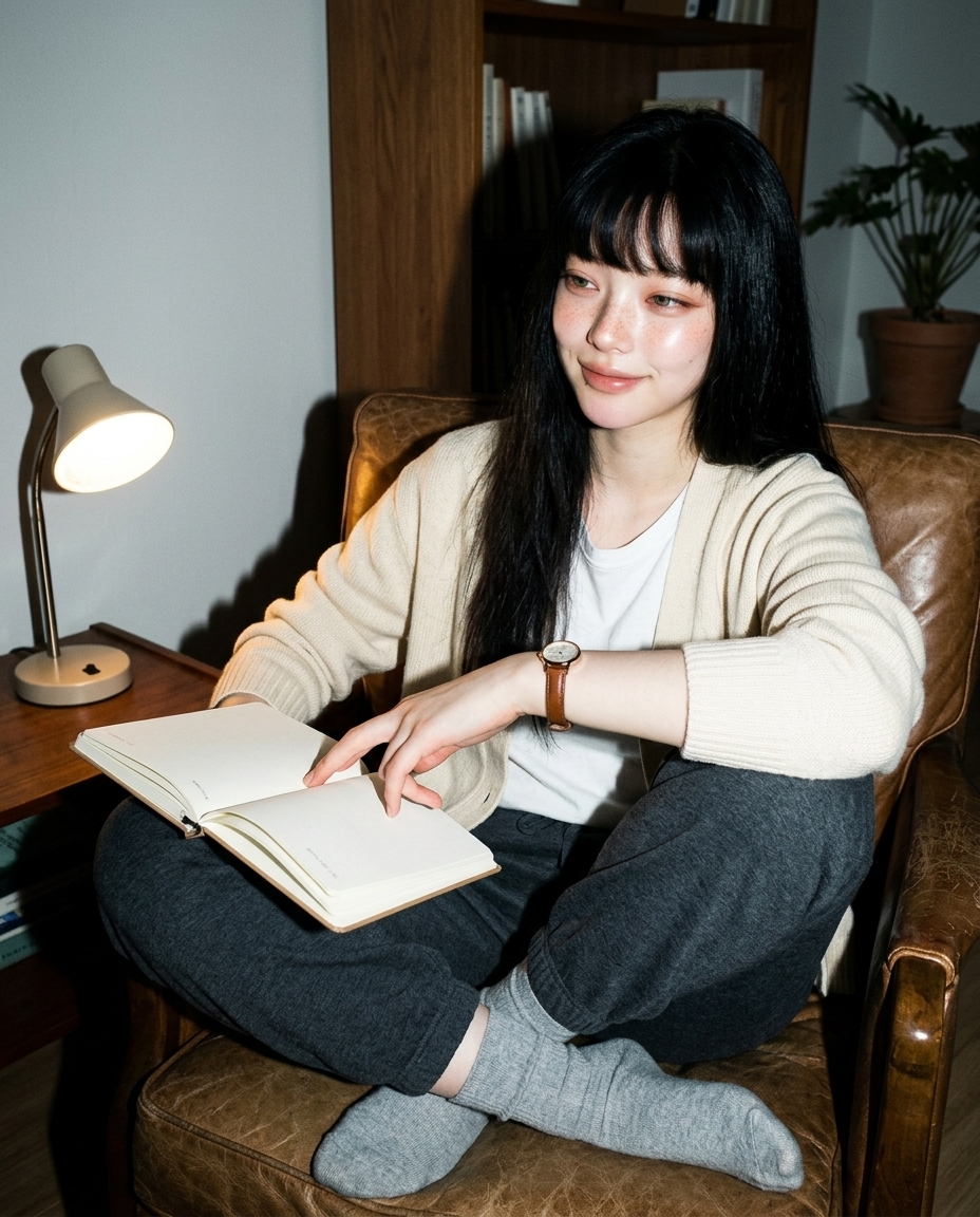 베이지 카디건을 입은 인물이 작은 안락의자에 비스듬히 앉아 무릎에 노트를 올려둔 채 카메라를 바라보는 medium shot. 따뜻한 사이드 램프 라이트.