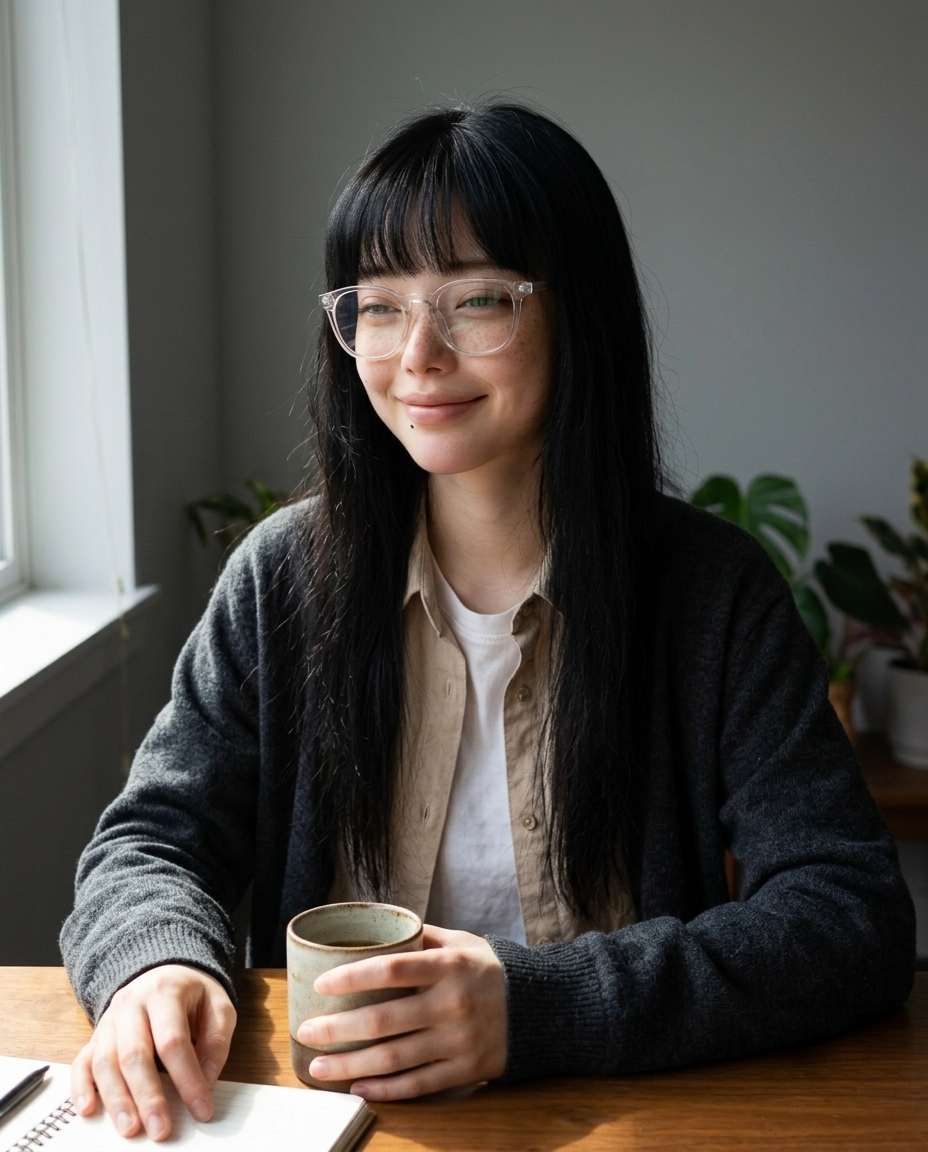 Living room dining table at 10 AM, holding warm mug, beige cardigan, side natural light from south window