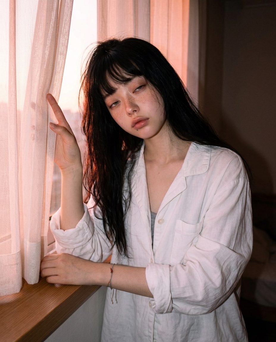 흰 잠옷 차림으로 침실 창가에서 커튼을 손가락으로 살짝 들춰 새벽빛을 바라보는 셀카, 핑크-오렌지 그라데이션 새벽 backlight