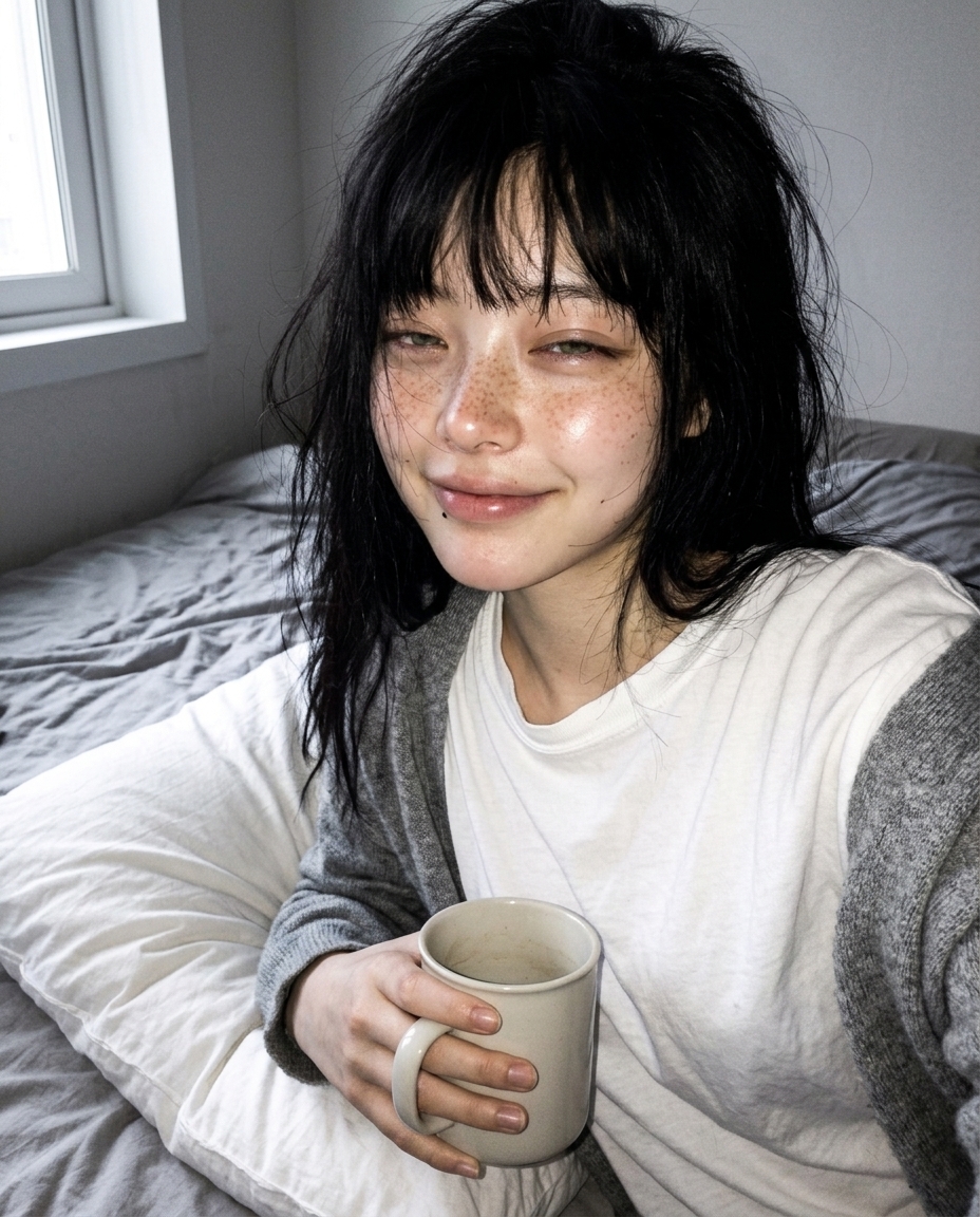 오버사이즈 흰 티에 회색 카디건을 한쪽 어깨 흘러내린 채 입은 새벽이가 침대에 비스듬히 앉아 창문 햇살을 받으며 셀카를 찍는 모습