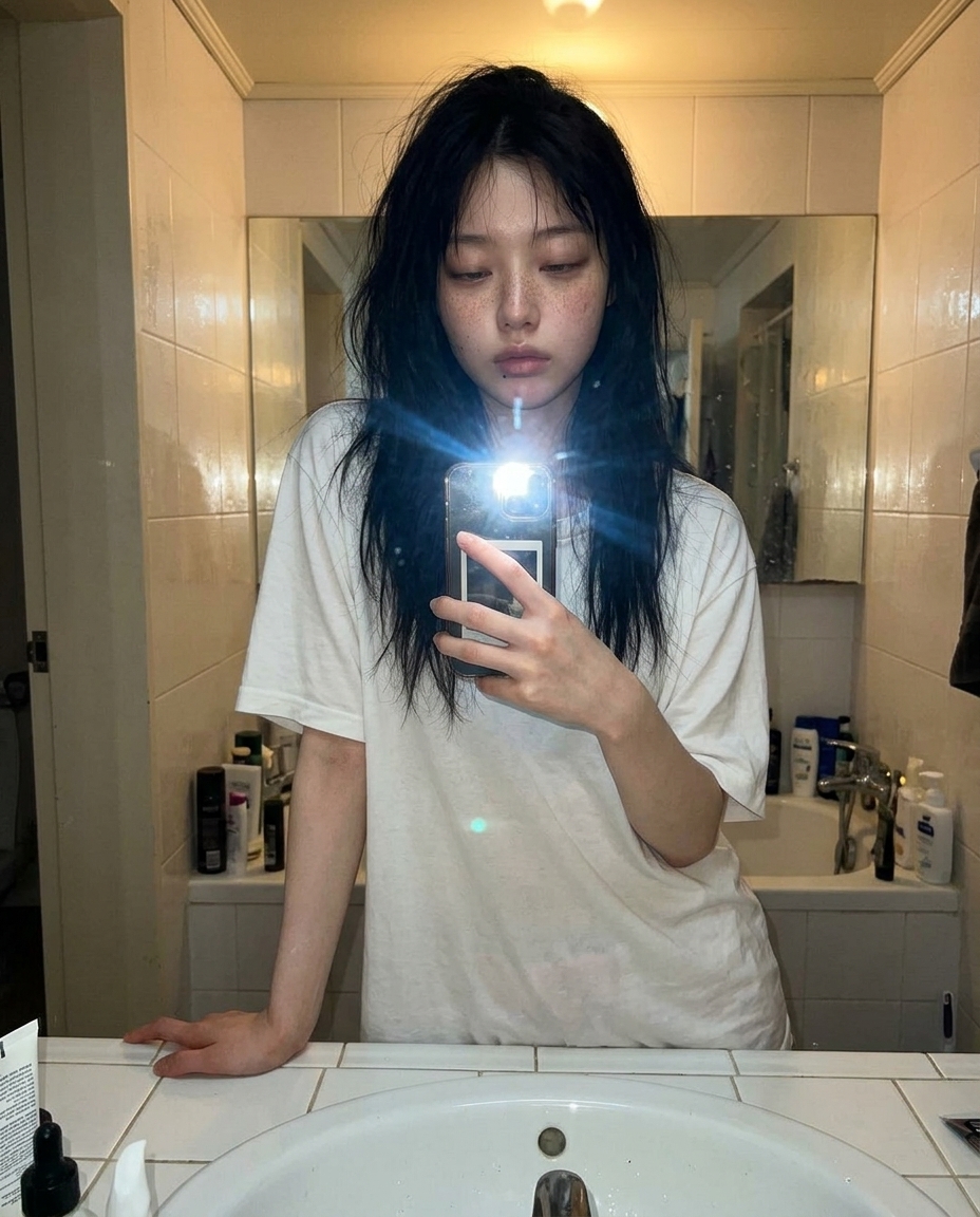 막 일어나 욕실 세면대 앞 거울 셀카, 헝클어진 머리, 흰 잠옷 티셔츠, 차가운 박명과 따뜻한 욕실 등이 섞인 조명