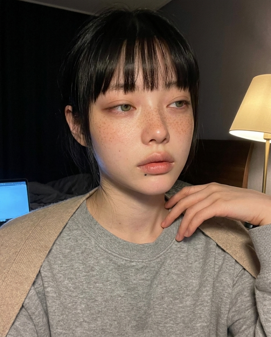 saebyeok at bedroom desk at midnight with warm lamp light and laptop glow