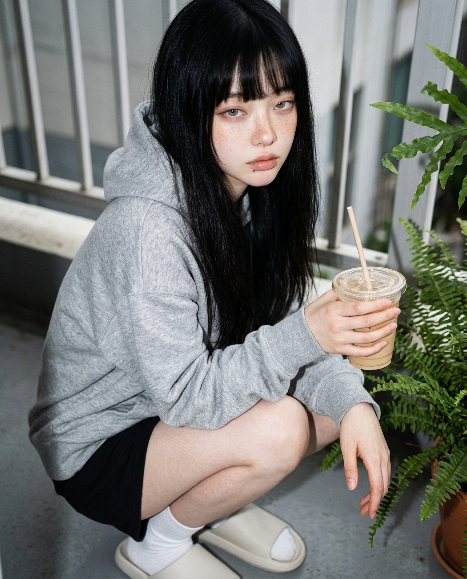 수요일 정오 발코니에서 화분 옆에 쪼그려 앉아 라테를 마시는 셀카