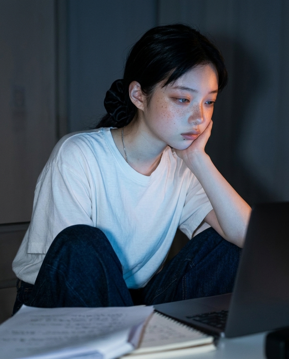 어두운 방, 노트북 화면 푸른 빛이 얼굴에 떨어진 자정의 셀카