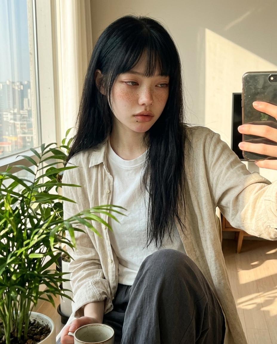 베란다 큰 창 옆 화분 사이에 선 새벽, 오후 측광 사선이 얼굴 왼쪽에 강하게 떨어짐, 머그 한 손 셀카