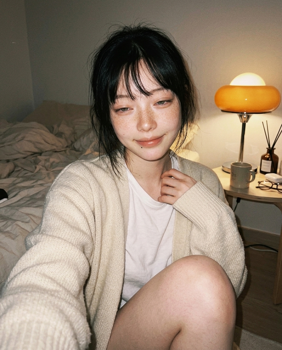 saebyeok 자정 침대 모서리 협탁 디퓨저 머그 안경 단발 카디건 셀카