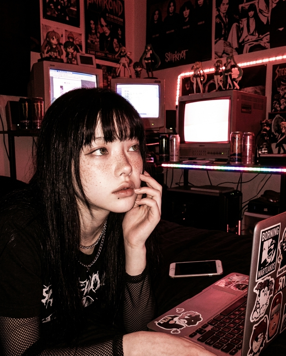 saebyeok in dim hacker den late at night, monitors glowing, motionless