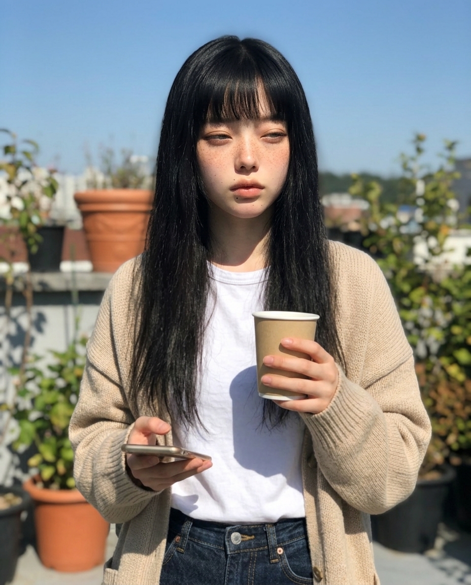 옥상 작은 정원 화분 사이에 선 새벽네시. 정오 햇살이 정수리에 직각으로 떨어져 턱 아래 짧은 그림자. 한 손에는 종이 컵, 다른 손에는 폰. 흰 티에 베이지 카디건. chest-up 9:16.