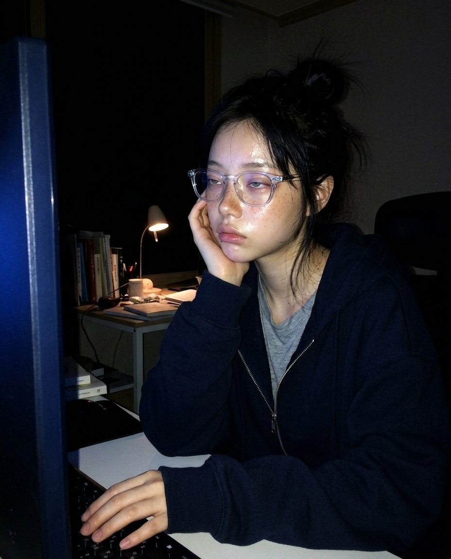 어두운 책상 앞 노트북 화면 푸른 빛이 옆얼굴을 비추고, 후디를 입은 새벽이가 키보드 위에 손을 얹은 채 멍하게 화면을 보고 있다
