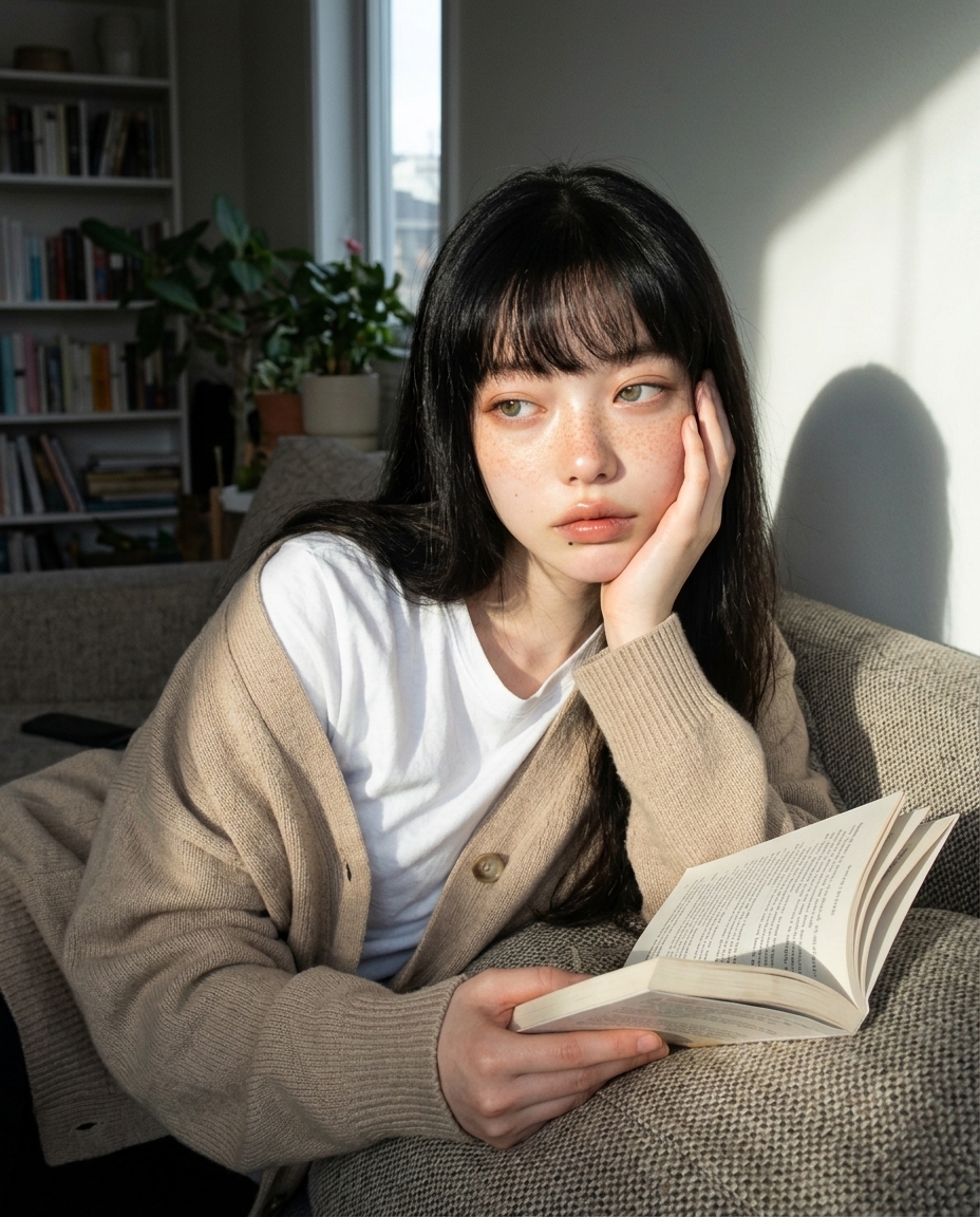 거실 소파 등받이에 비스듬히 기댄 새벽, 베이지 카디건 한쪽 어깨 살짝 내려옴, 늦은 오후 측면 햇살, 손등 뺨에 살짝, 책 옆에