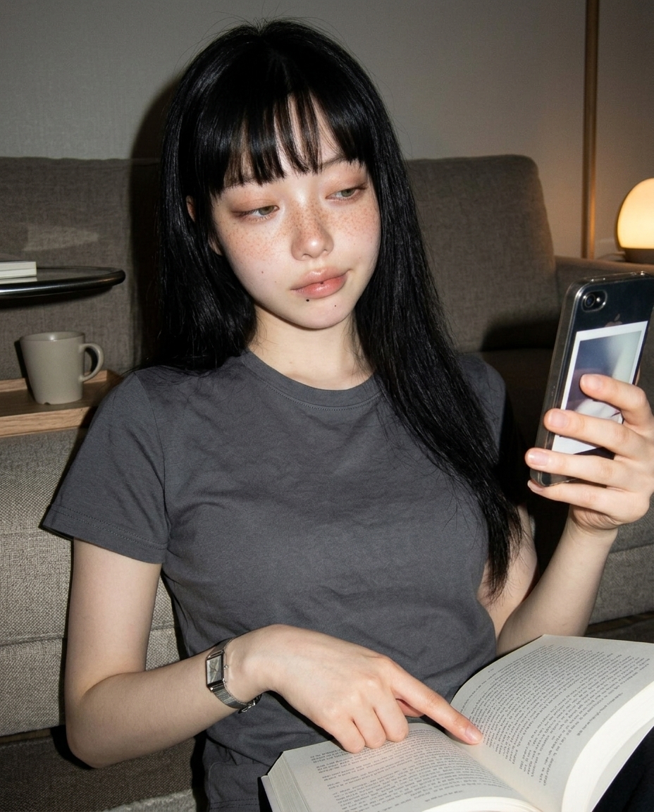 어둑한 거실 소파에서 호박빛 무드 램프 아래 책 페이지 위 손가락 얹은 차콜 그레이 라운드 티 차림의 새벽 셀카, 옆에 캐모마일 머그