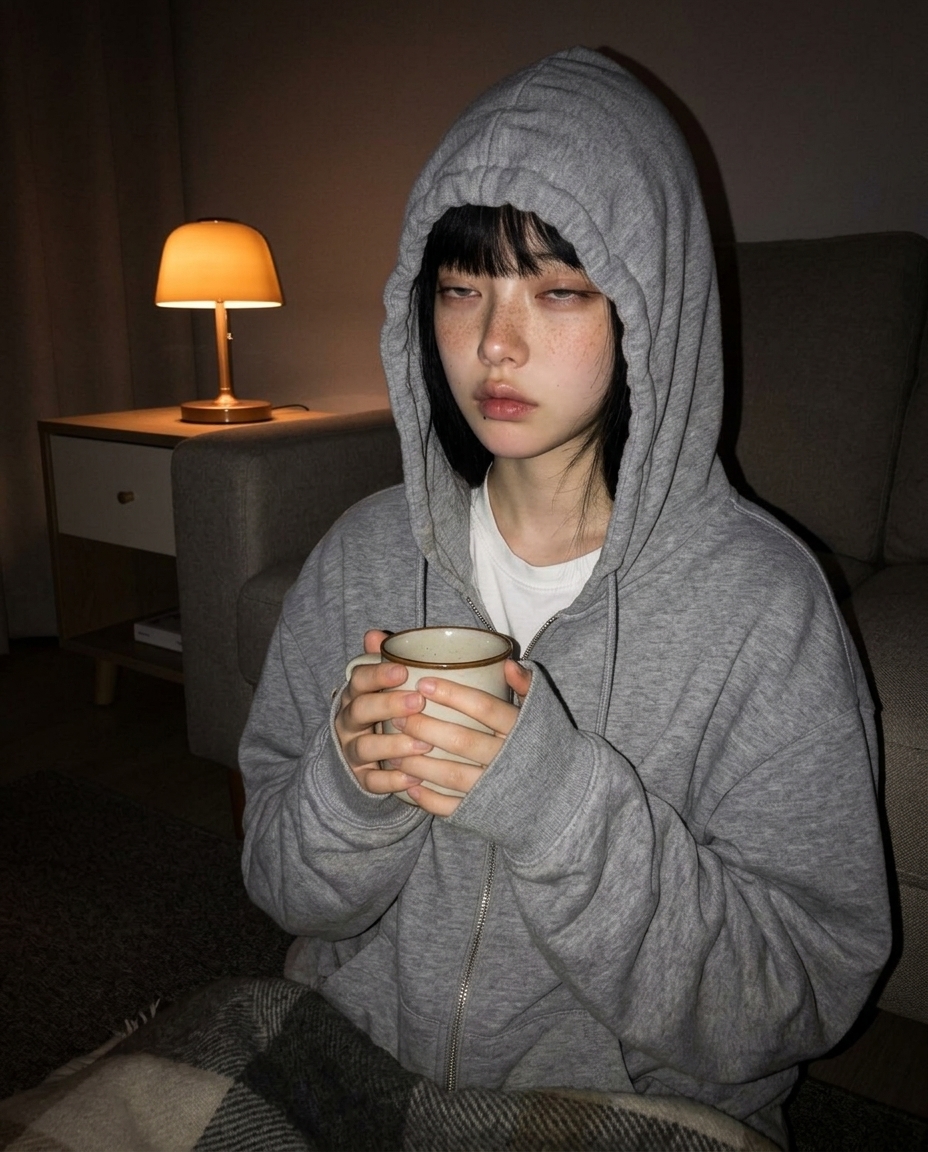 후드 푹 눌러 쓴 자정 셀카, 거실 카펫 바닥, 작은 무드등 amber 단일 광원, 머그 양손