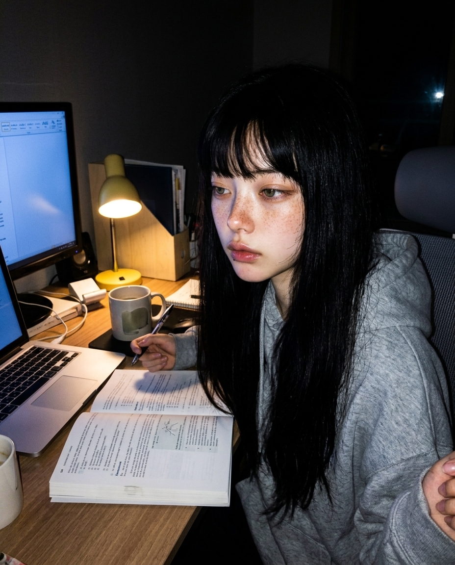 창백한 피부에 주근깨가 있는 검은 단발의 saebyeoknesi. 자정 직후 책상 앞 셀카. 한쪽 얼굴에 모니터의 cool blue glow, 다른 쪽에 스탠드의 따뜻한 황색 빛. 오버사이즈 차콜 후드티. 손에 식은 머그. 졸린 눈, 옅은 미소.