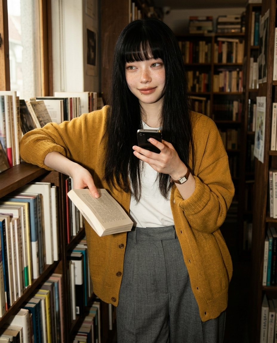 saebyeok standing in front of a wooden bookshelf at late golden hour, holding an open paperback, sleepy half-smile, mustard cardigan over white tee, warm side-light