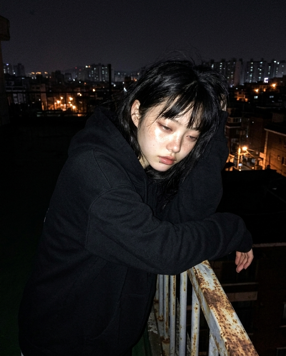 rooftop selfie at 4am, leaning on rusted metal railing, seoul cityscape behind, oversized black hoodie, tired