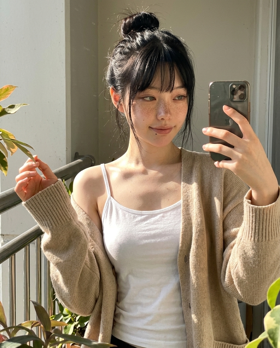 베란다에서 작은 식물 화분 옆에 서서 햇살을 받으며 카디건 어깨에 걸친 채로 셀카를 찍고 있는 새벽