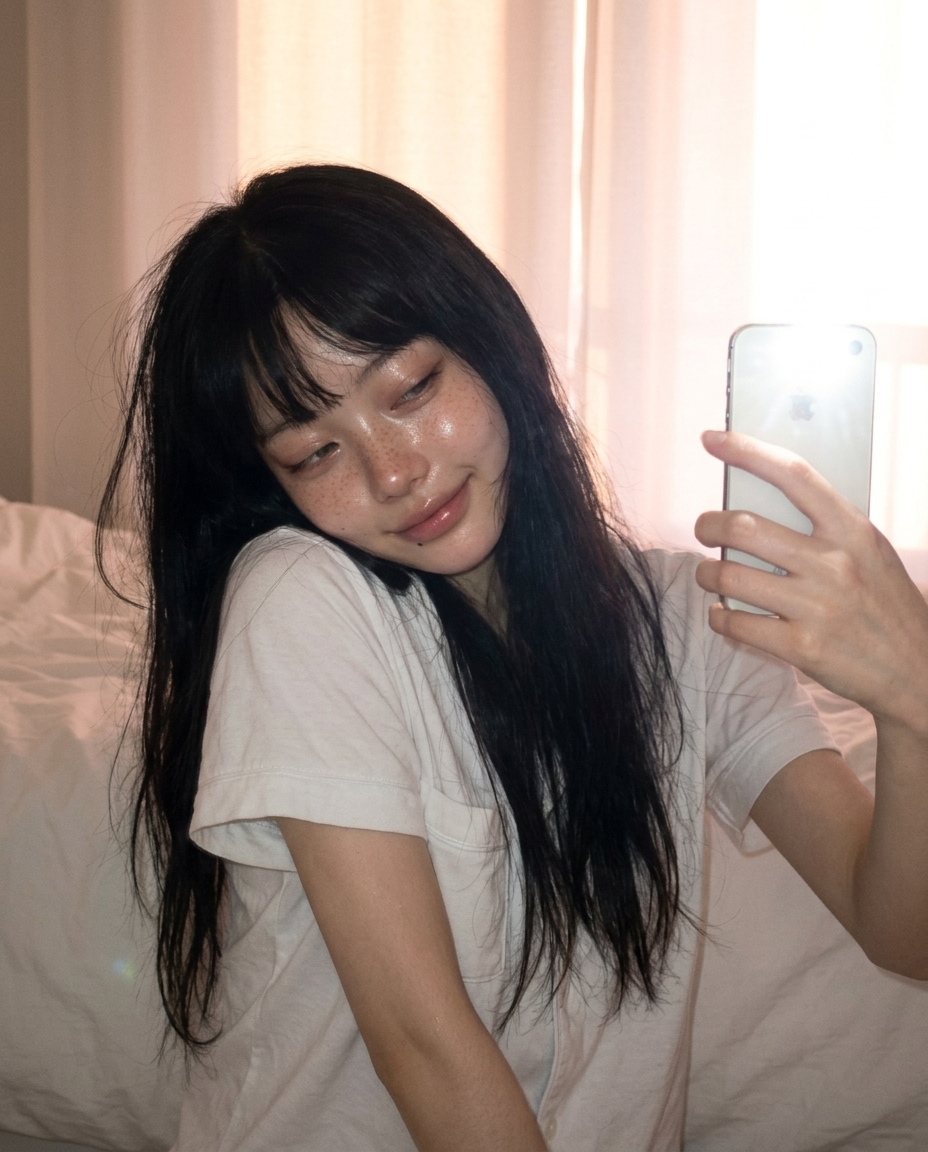 흰 잠옷의 한 사람이 침실 창가에서 어깨에 머리를 기댄 채 셀카를 찍는 모습, 핑크빛 새벽 햇빛이 비스듬히 들어옴