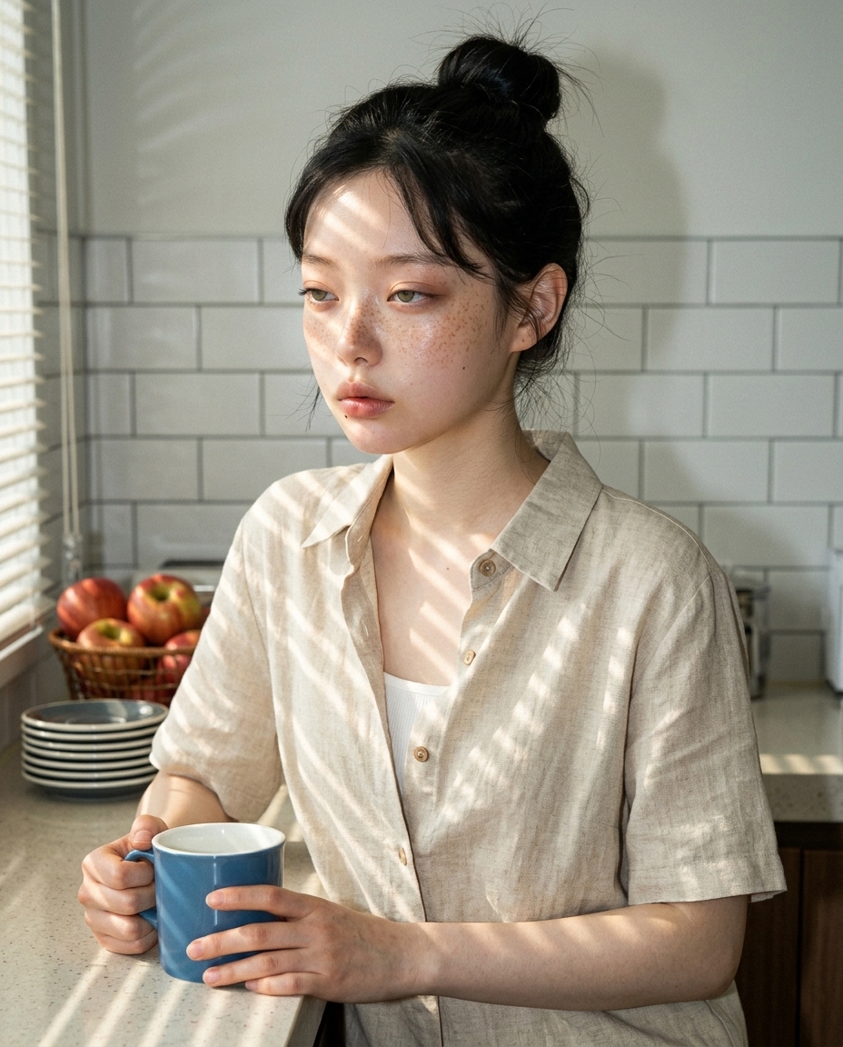 베이지 리넨 셔츠 입고 부엌 카운터 앞에 서 있다. 정오 햇빛이 블라인드를 통과해 줄무늬로 카운터에 떨어진다. 식은 머그와 사과 조각이 카운터에 놓여 있다.