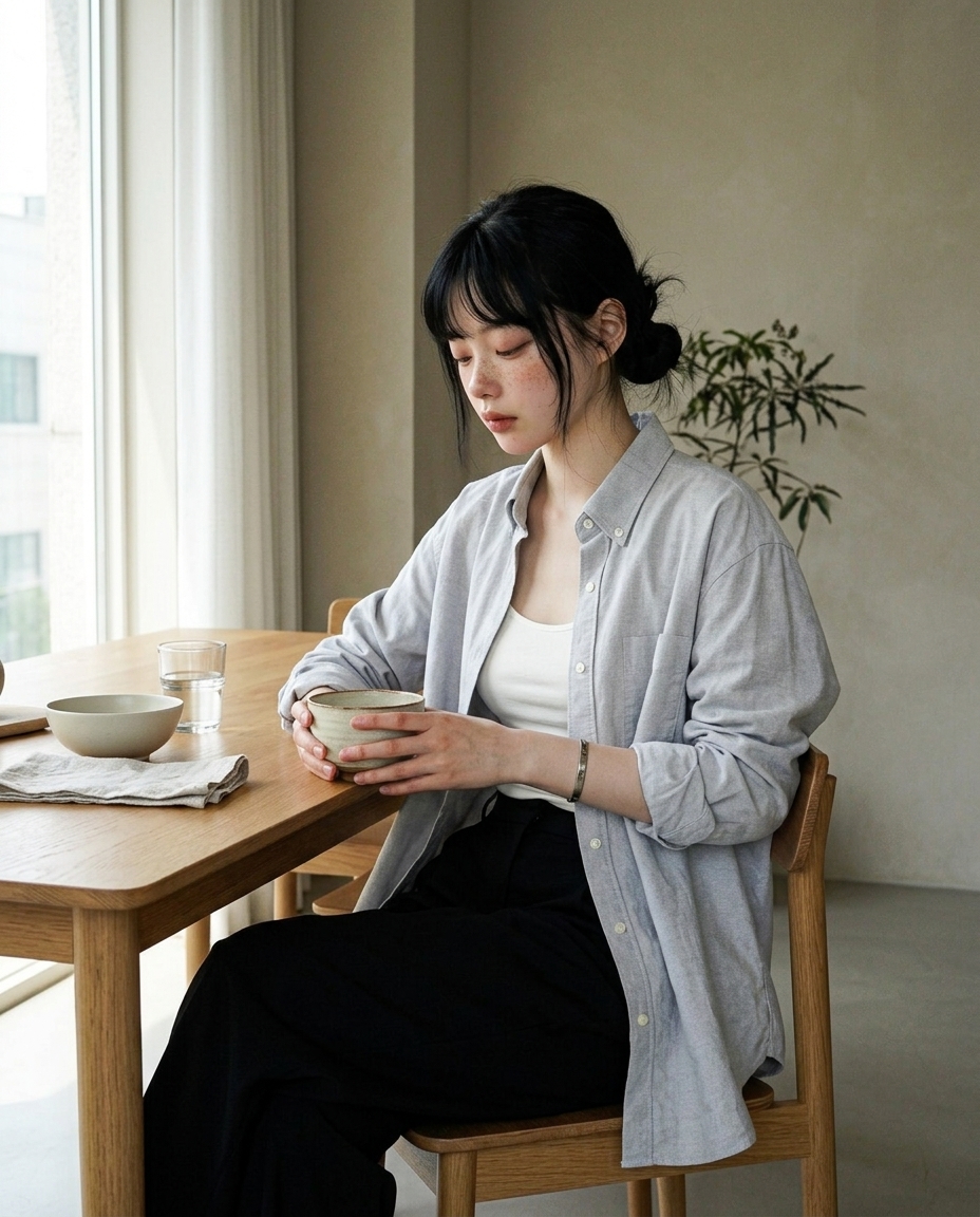 거실 작은 식탁 앞에서 김이 오르는 그릇을 두 손으로 감싼 흉상~허리 프레임, 라이트 그레이 옥스퍼드 셔츠와 와이드 슬랙스, 정오 천창광