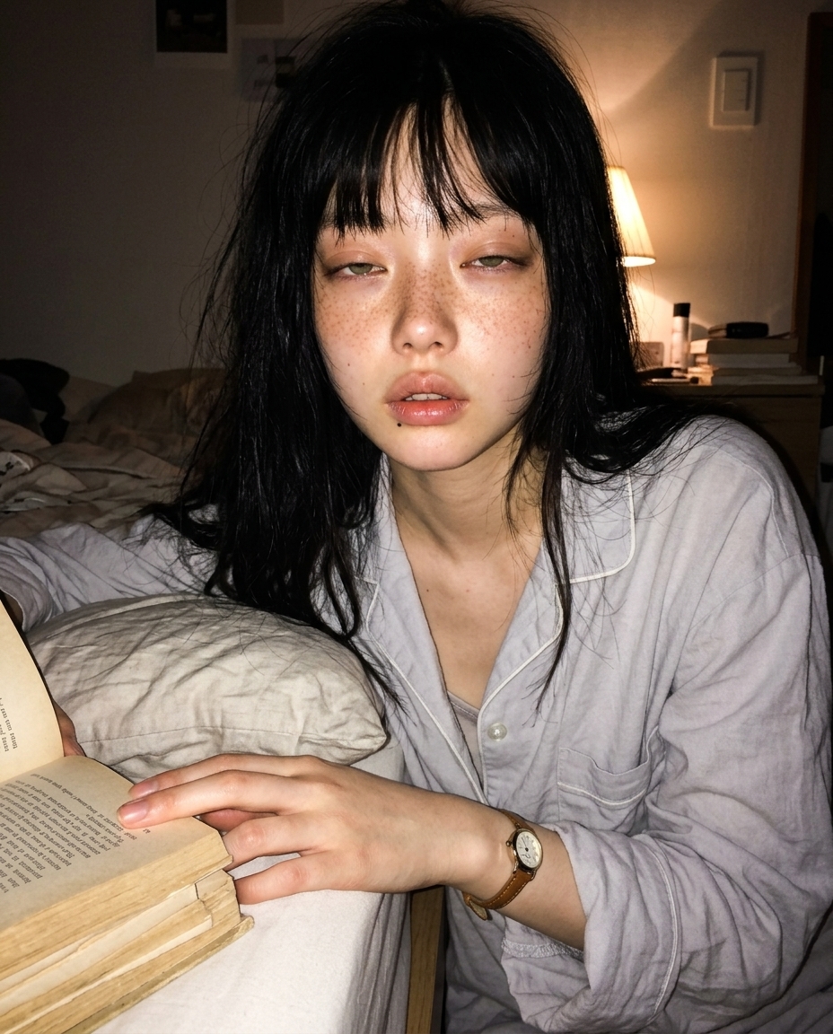 텅스텐 스탠드 조명 아래 침대에 누운 여자가 펼쳐진 책 위에 손가락을 올리고 카메라를 졸린 눈으로 보고 있다