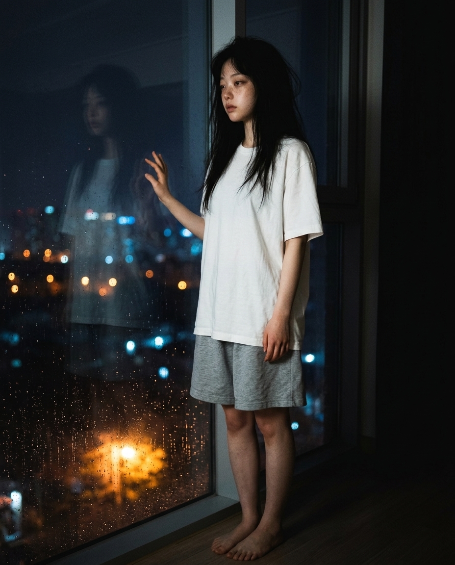 어두운 베란다 창가에 서서 도시 야경을 바라보는 셀카