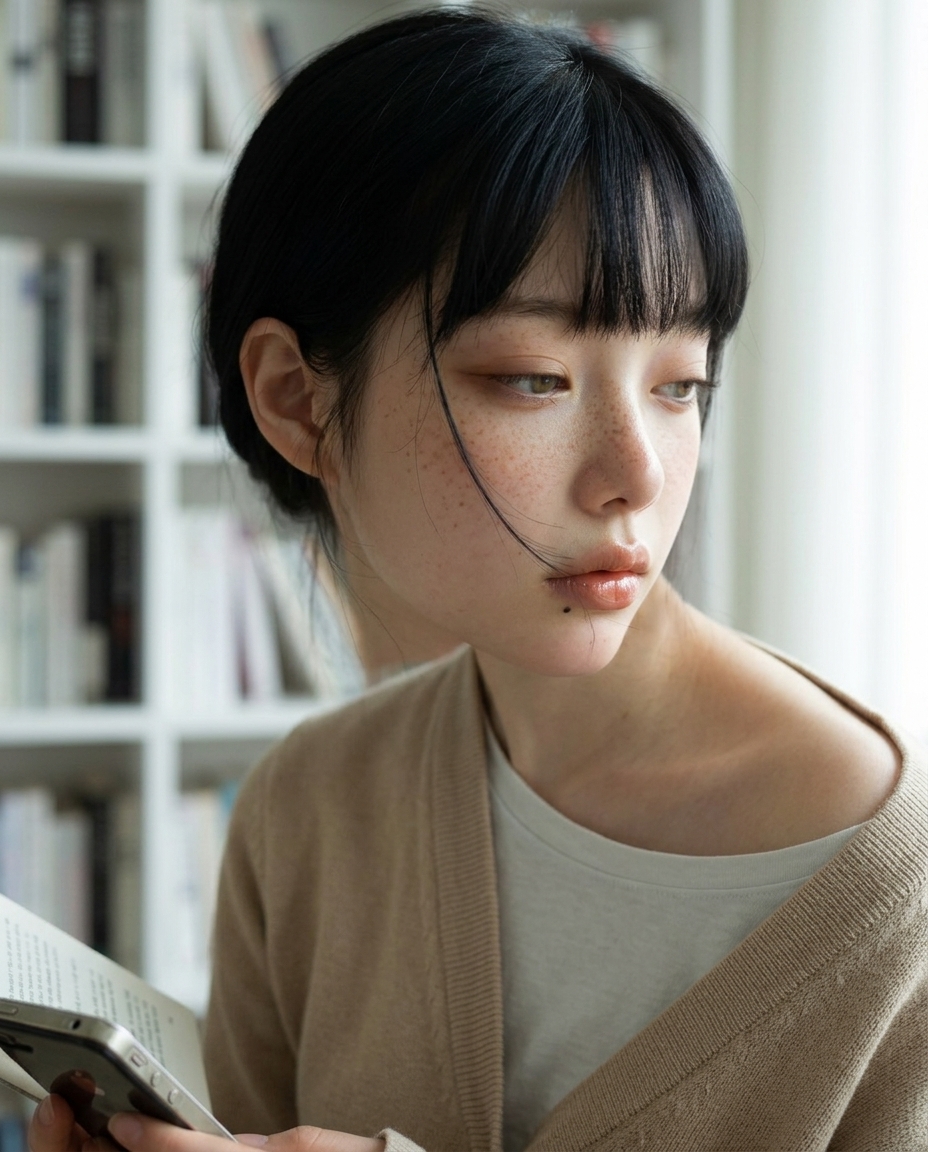 베이지 카디건의 saebyeok가 흰 책장 앞에서 책 한 권을 들고 표지를 내려다보는 어깨 위 클로즈업, 봄 아침 측광