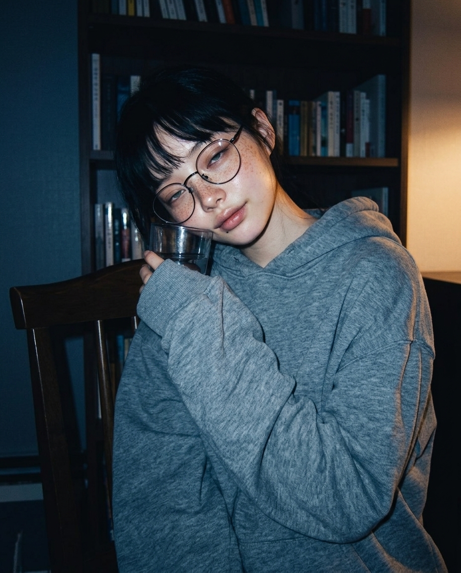 saebyeok in oversized gray hoodie at a bedroom desk at night, laptop closed, warm tungsten lamp behind, holding a glass of water near her cheek, sleepy half-lidded eyes behind round wire-frame glasses, amber rim light on cheekbone, dark blue room