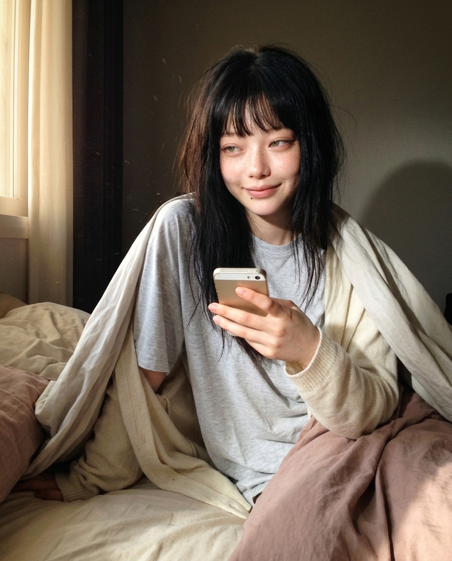 침대 위 셀카, 햇살 들어오는 일요일 아침, 헝클어진 머리에 베개 자국, 어깨에 걸친 크림 카디건