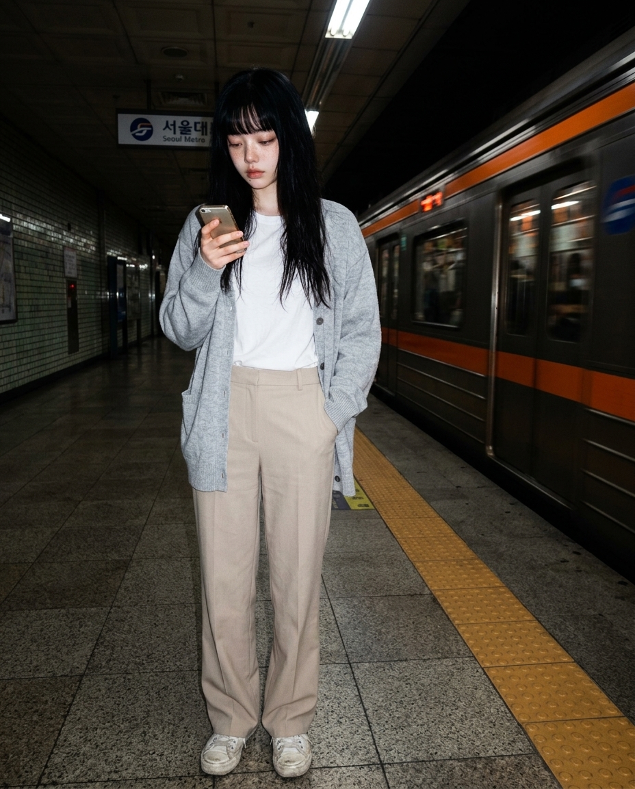 subway station evening platform selfie, light grey cardigan over white tee, beige wide-leg slacks, phone in hand looking down at screen, passing train light blur