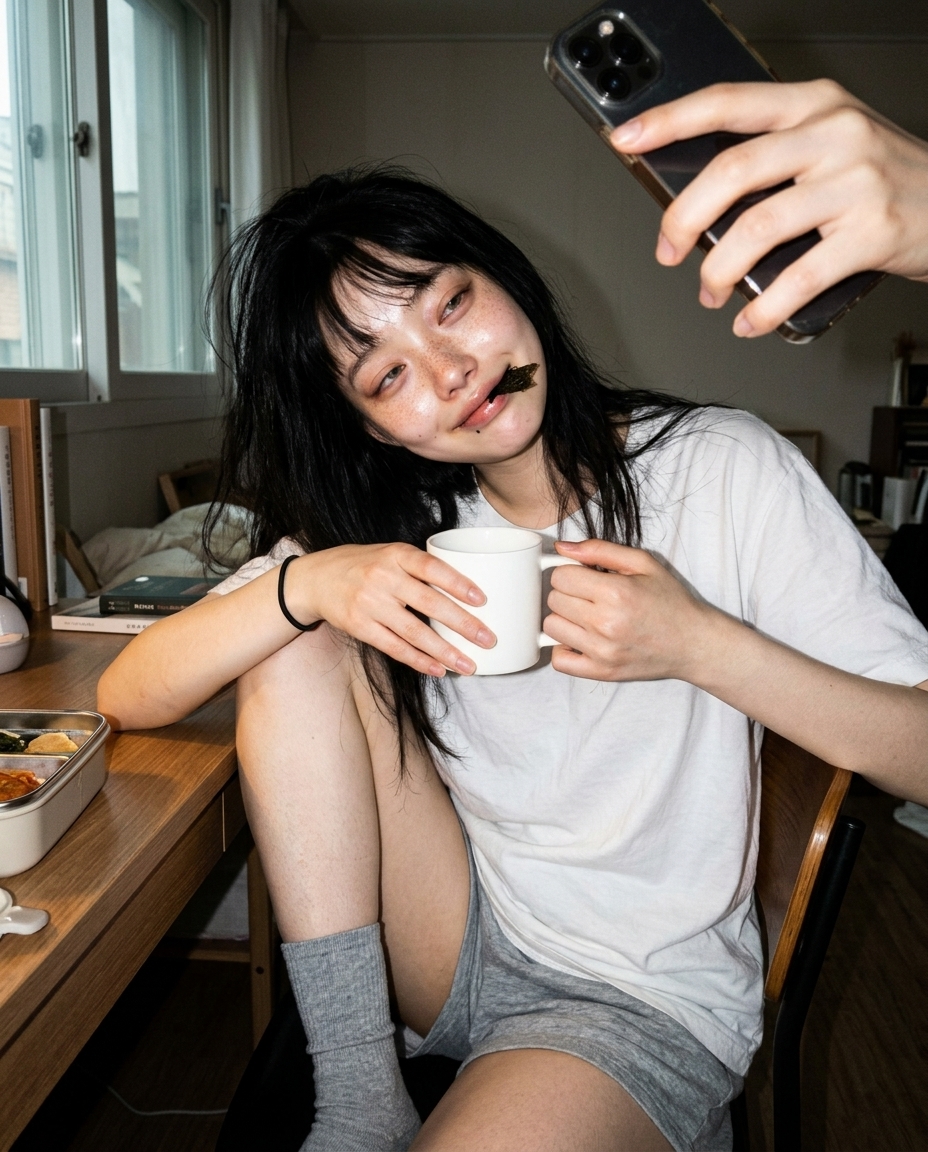 정오 햇살이 드는 작업방 책상에 앉은 새벽이의 셀카. 헐렁한 흰 티 차림, 졸린 미소, 한 손에는 보리차 머그.
