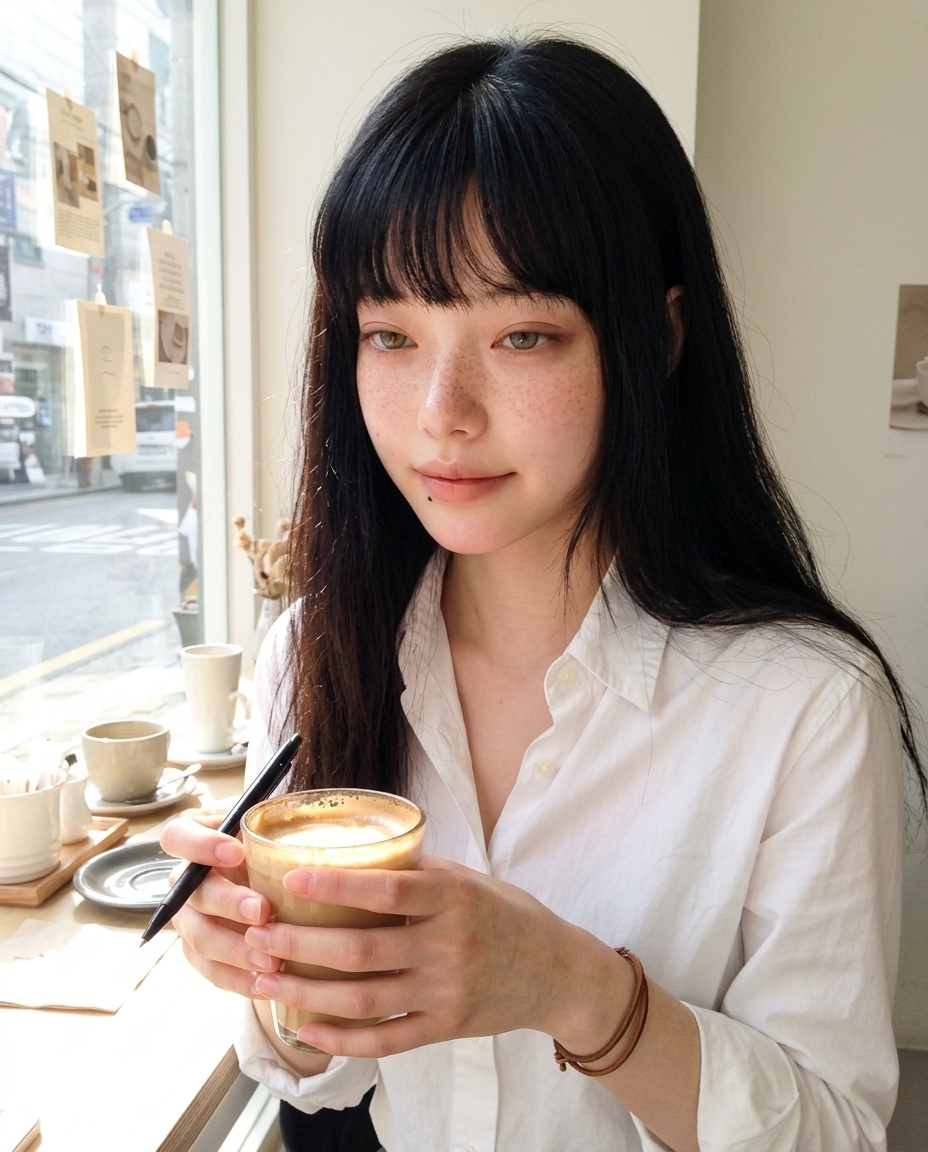 흰 셔츠를 입은 인물이 햇살 들어오는 카페 창가 자리에서 라떼를 두 손으로 감싸고 정면을 본다