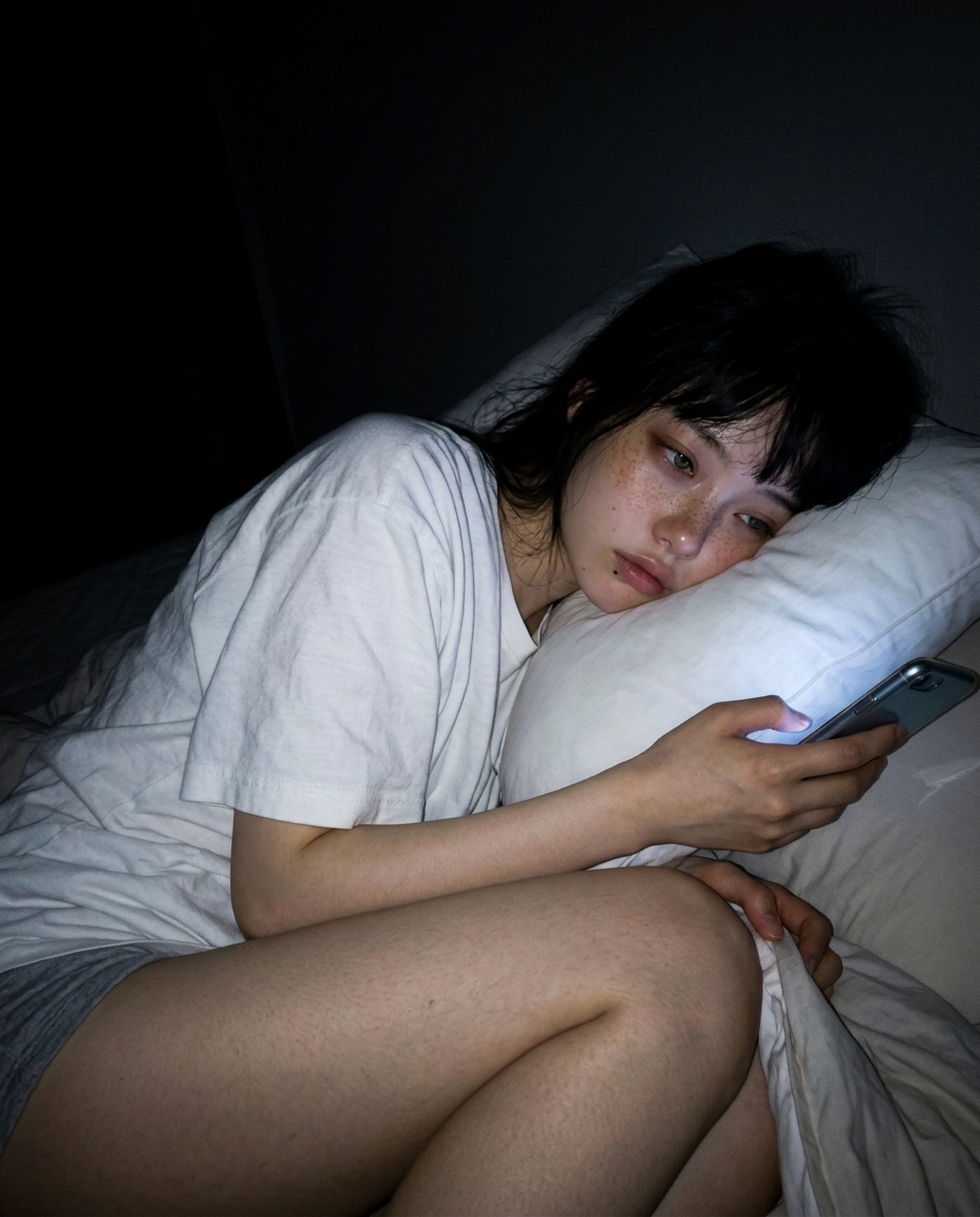 어두운 침실, 옆으로 누운 자세로 핸드폰을 든 채 액정 빛이 옆얼굴 한쪽에만 닿는 셀카. 헝클어진 단발과 흰 면 티