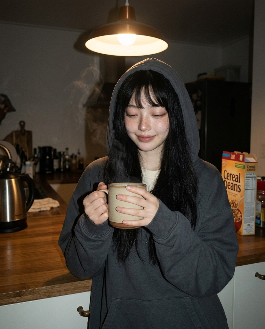 자정 부엌 카운터에 기대 따뜻한 차 머그잔 양손 감싸 들고 후드 머리 위 반쯤 걸친 새벽이 셀카, 펜던트 단일 광원 노란 빛