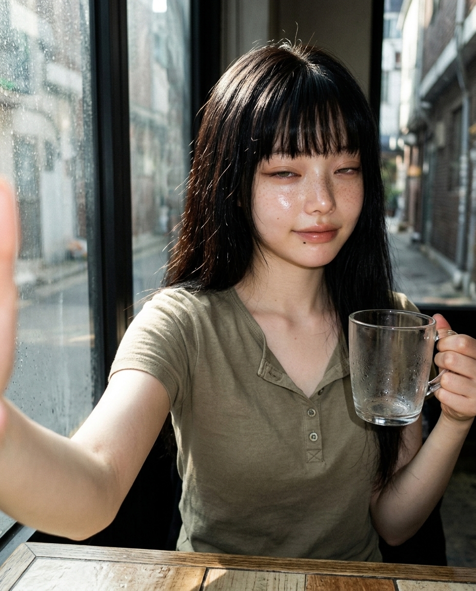 창가 자리에 앉아 한 손에 아이스 아메리카노 유리잔 손잡이를 잡고 정면 셀카를 찍는 새벽. 정수리 위에서 들어오는 정오 햇살이 머리카락 윤곽선과 어깨선을 비춘다.