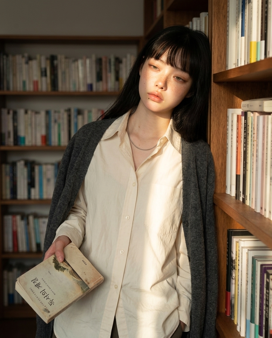 거실 책장 옆 그늘진 코너에서 사선 햇빛을 받으며 책 한 권을 손에 든 동양 여성 셀카. 카디건을 어깨에 걸치고 한쪽 뺨만 빛에 데워진 모습.