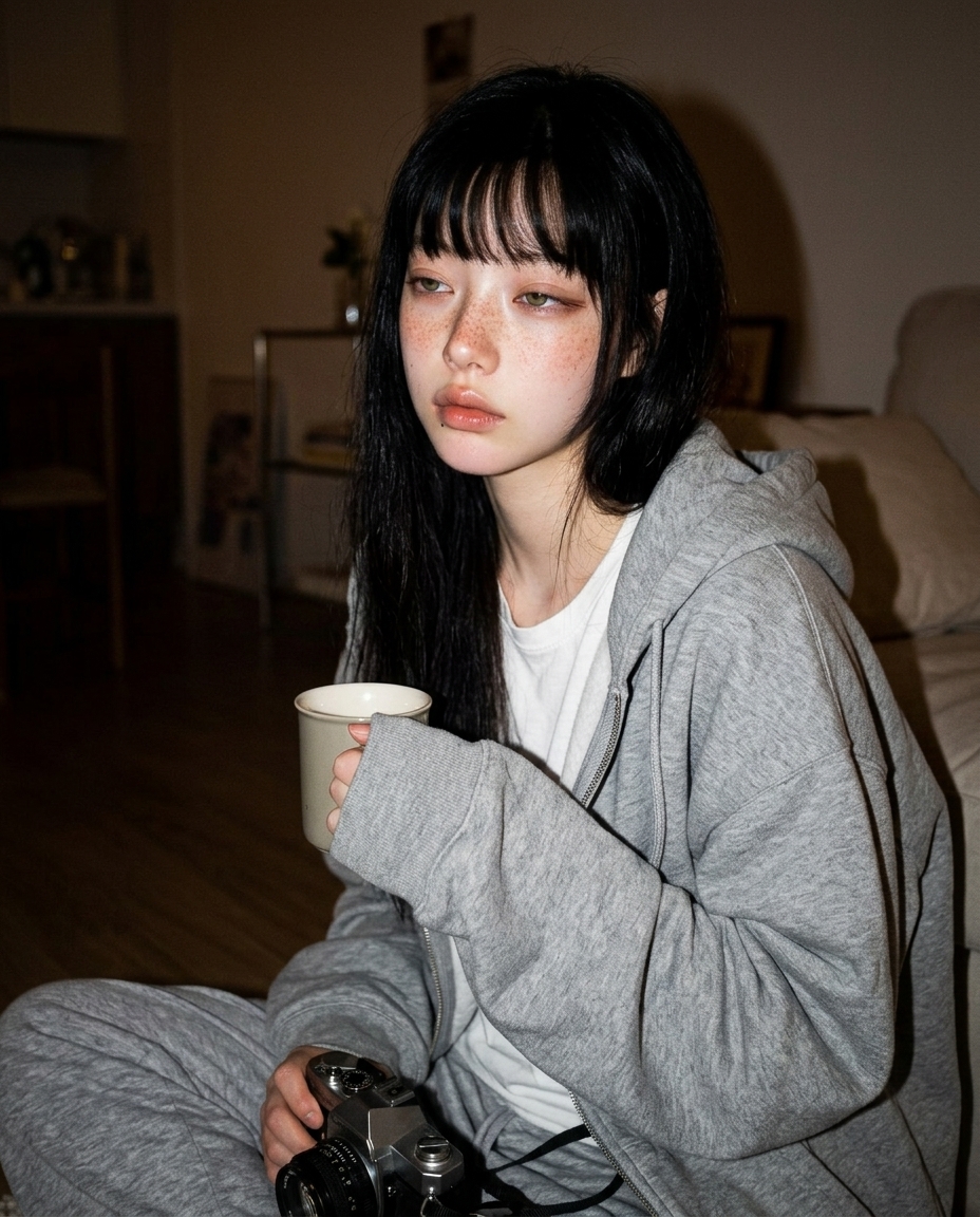 스탠드 노란 직접광 옆얼굴 1/3만 비춘 어두운 작업방 책상 옆 셀카 (24/30, attempt1, ai10 persona10 scene4)