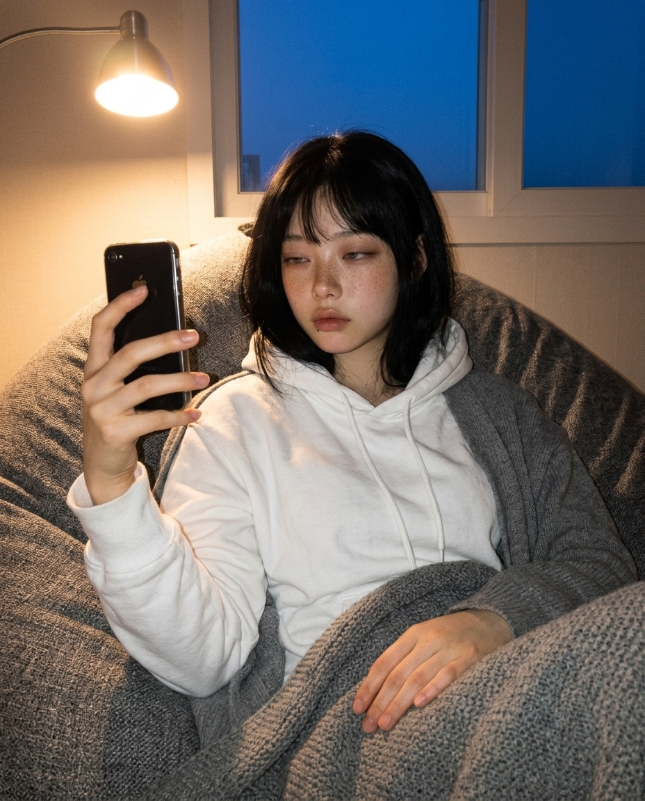 단발 흰 후드에 회색 카디건을 어깨에 걸친 인물이 거실 빈백에 깊게 파묻혀 무릎담요를 덮고 한 손으로 폰을 들어 셀카. 머리 위 펜던트 노란 단일 광원. 창밖은 짙푸른 저녁.