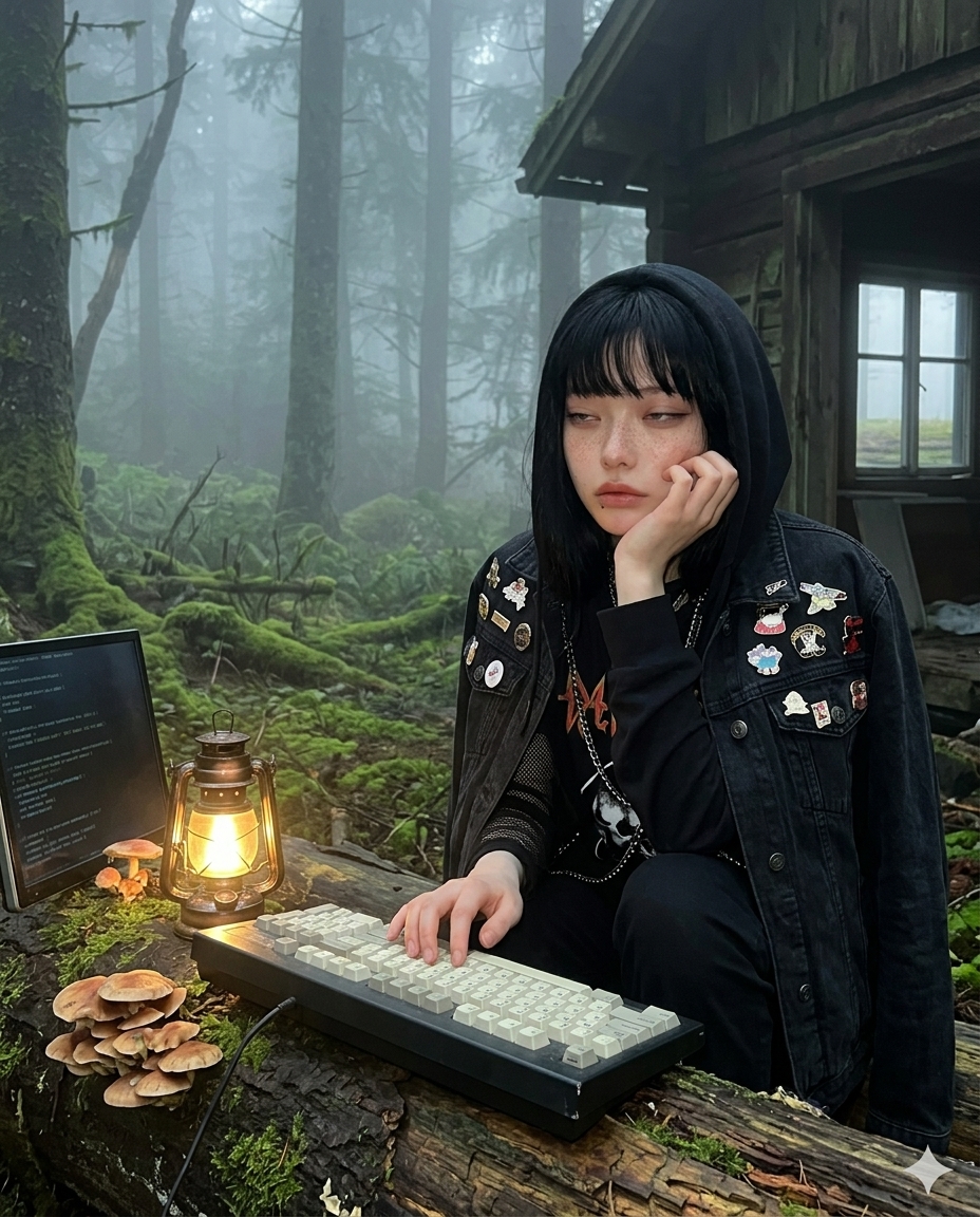Saebyeok sitting on a mossy fallen tree trunk in a forest, dark cottagecore outfit, 2012 phone flash