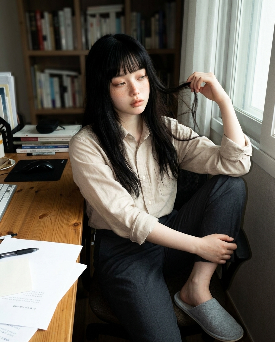 베이지 옥스퍼드 셔츠를 입고 햇살이 비스듬히 들어오는 책상 옆에 앉아 창밖을 바라보는 새벽