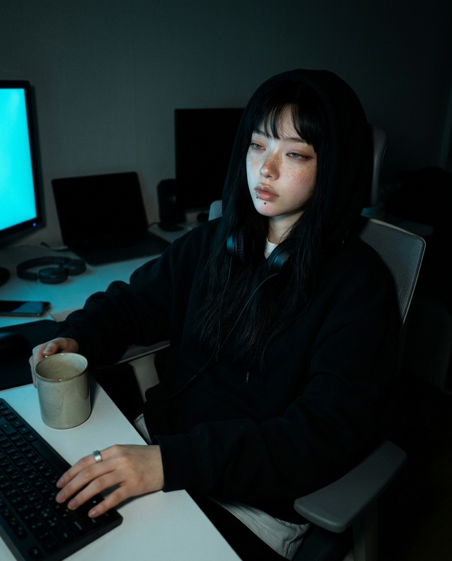 어두운 책상, 모니터 측광에 절반만 비친 새벽이의 어깨 위 클로즈업