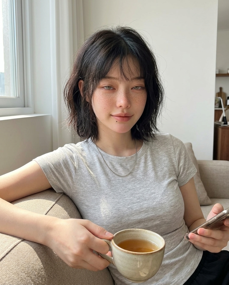 거실 소파에 비스듬히 기댄 자세로 보리차 컵을 한 손에 들고 정오 햇살을 옆얼굴에 받는 라이트 그레이 라운드 티 단독 차림의 셀카
