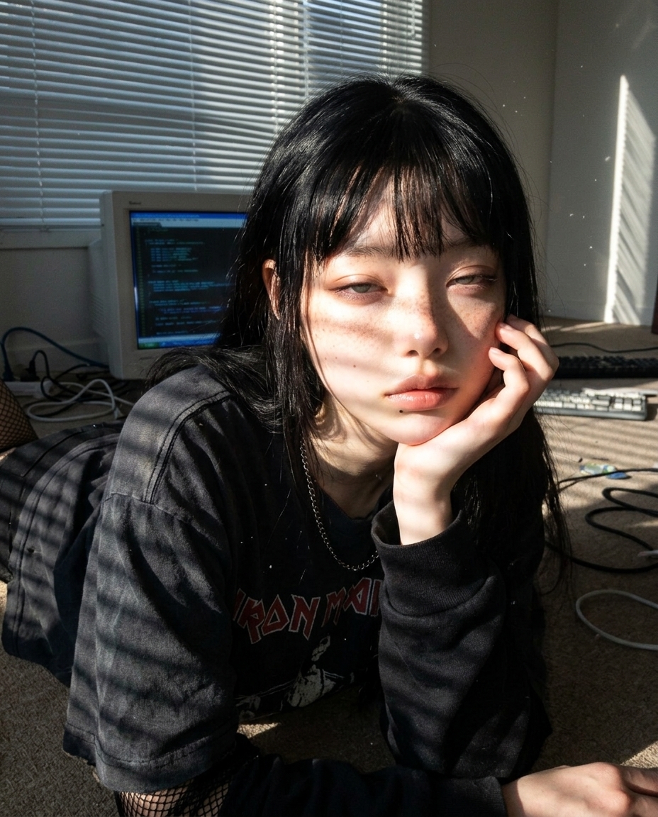 CRT 모니터 화면 클로즈업, 코드 위로 RGB 빛 번짐, 새벽이 옆얼굴 윤곽